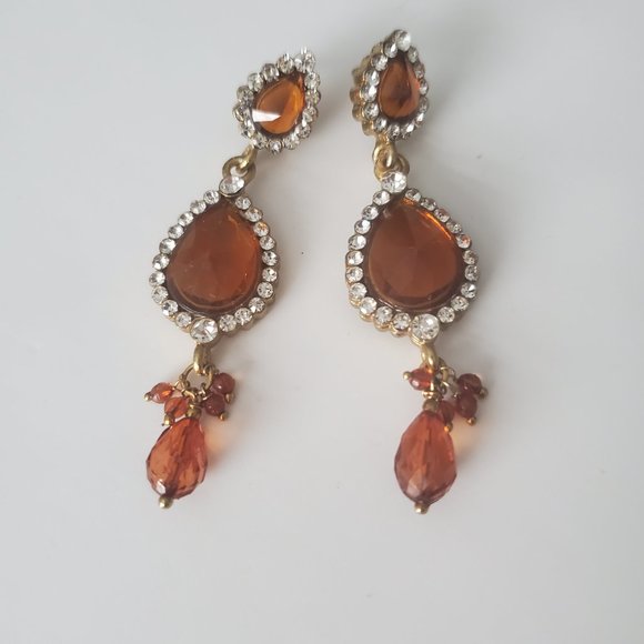 Beautiful Faux Amber Jewel & Rhinestone Long Earrings Teardrop Dangly Dressy - Picture 3 of 5